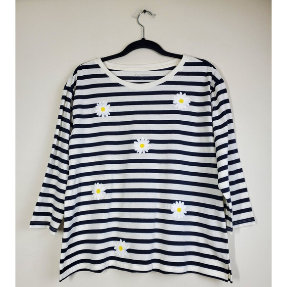 Talbots Top Womens Large Petite French Striped Blue White Embroidered Flowers - Picture 8 of 8